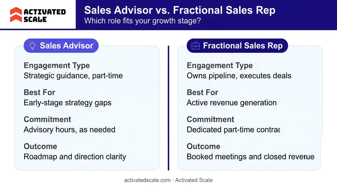 Sales advisor versus fractional sales rep role comparison infographic