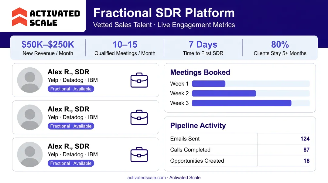 Activated Scale fractional SDR platform dashboard showing vetted sales talent profiles and engagement metrics