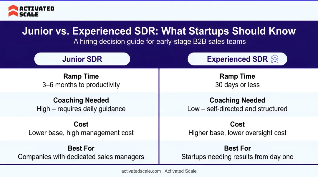 Junior versus experienced SDR comparison table for startup hiring decisions