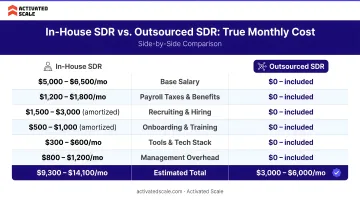 In-house SDR versus outsourced SDR true monthly cost side-by-side comparison chart