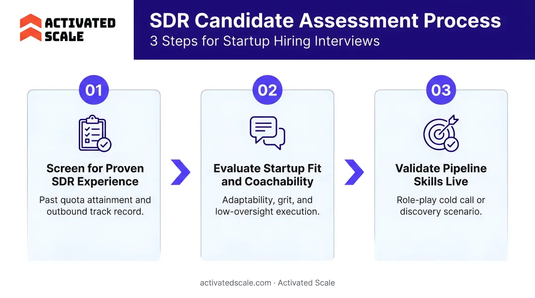 Three-step SDR candidate assessment process for startup hiring interviews