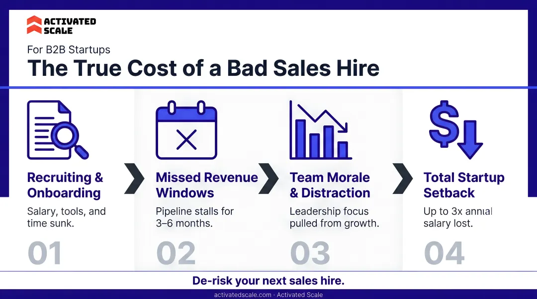 True cost of a bad sales hire timeline showing compounding startup losses