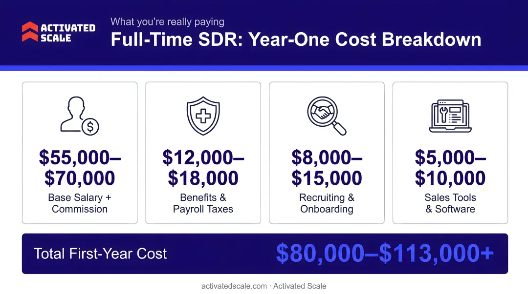 Full-time SDR first-year cost breakdown showing salary benefits recruiting and tools