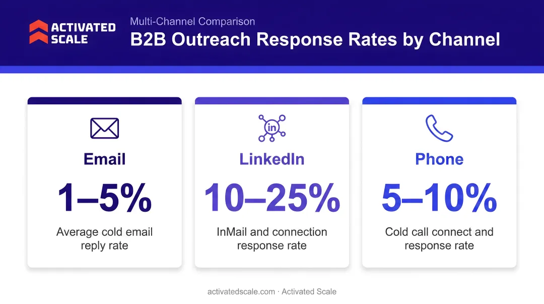 Multi-channel B2B outreach response rates email LinkedIn phone comparison infographic