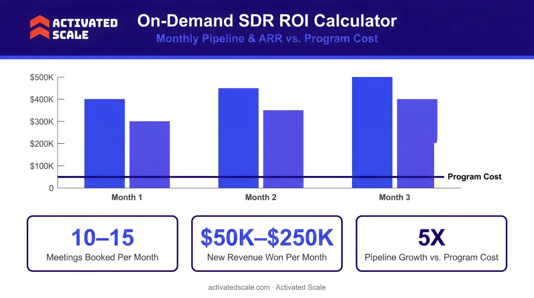 On-demand SDR ROI calculation showing monthly pipeline and ARR generated versus program cost
