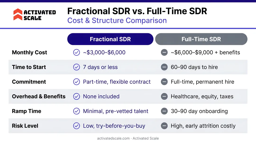 Fractional SDR versus full-time SDR cost and structure side-by-side comparison
