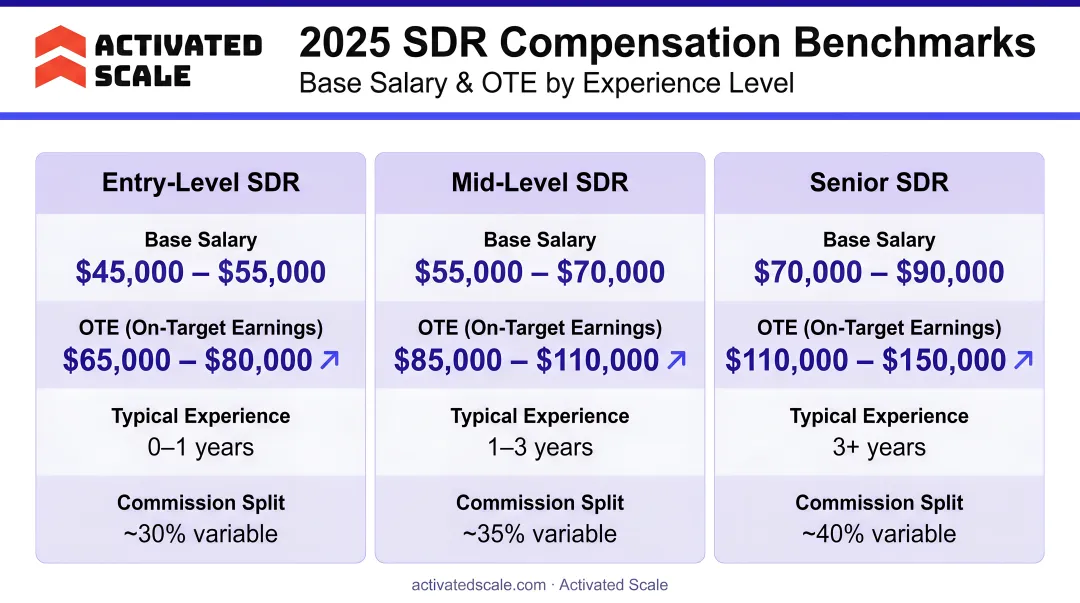 2025 SDR compensation benchmarks base salary and OTE by experience level