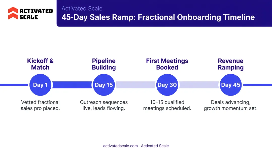 Activated Scale fractional sales onboarding timeline showing 45-day ramp structure