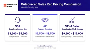 Outsourced sales rep pricing tiers SDR AE VP of Sales monthly cost comparison