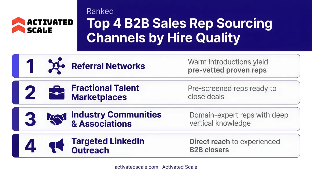 Four highest-yield B2B sales rep sourcing channels ranked by hire quality