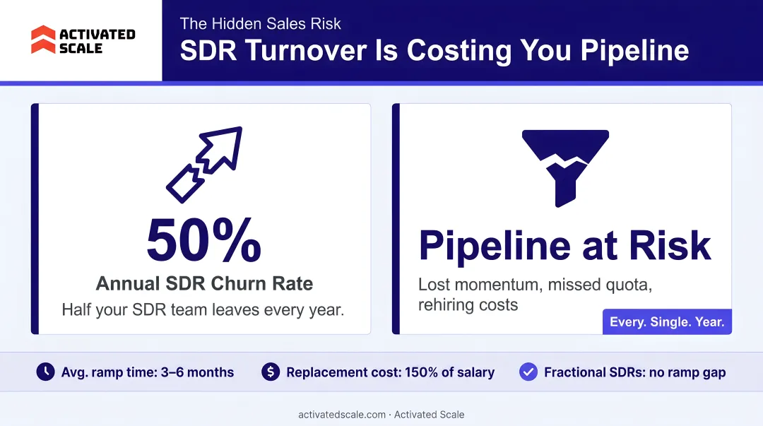 SDR turnover statistics showing 50 percent annual churn and pipeline risk