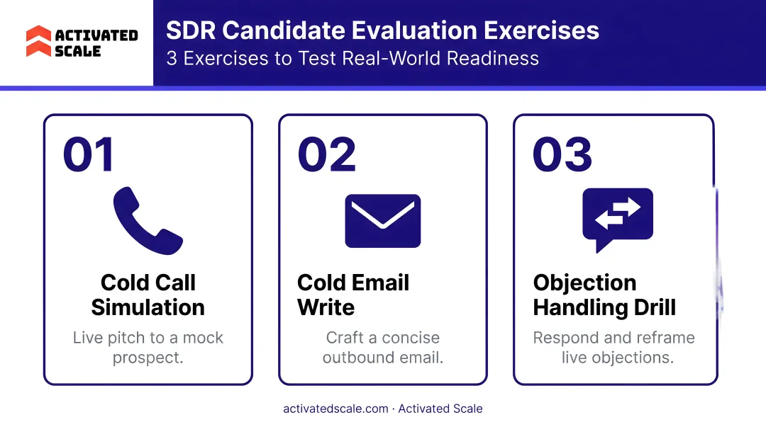 Three SDR candidate evaluation exercises cold call email and objection drill