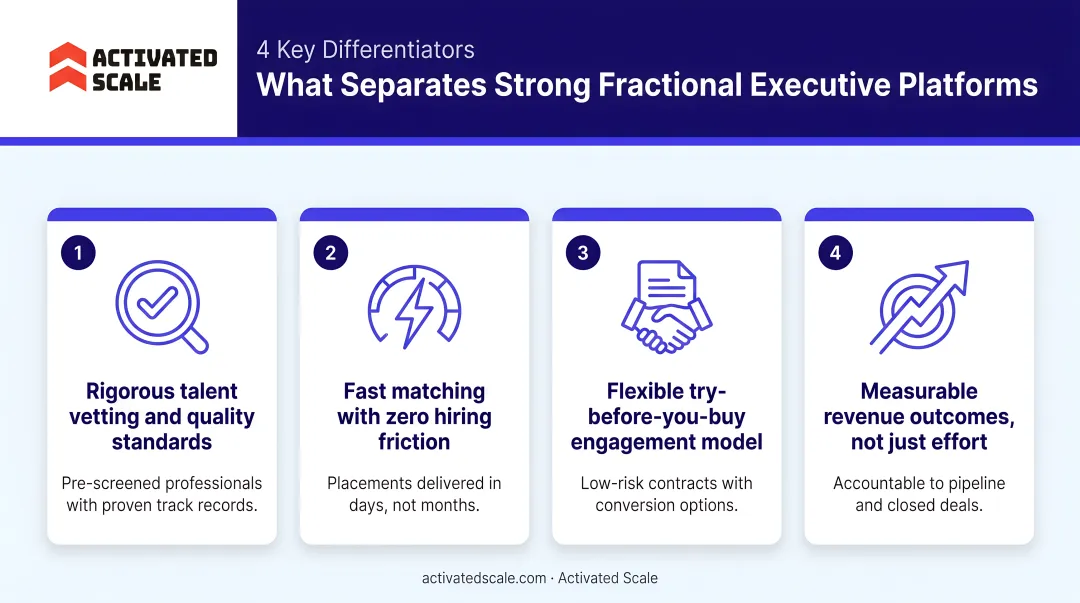 Four key factors separating strong fractional executive platforms from weak ones