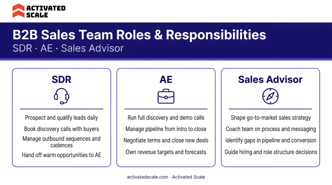 B2B sales team roles SDR AE and sales advisor responsibilities breakdown