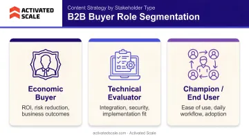 B2B buyer role segmentation infographic showing three stakeholder content types