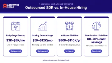 Four B2B outsourced SDR scenarios comparing cost and speed versus in-house hiring