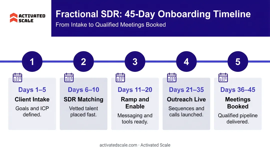 Fractional SDR 45-day onboarding timeline from intake to qualified meetings booked