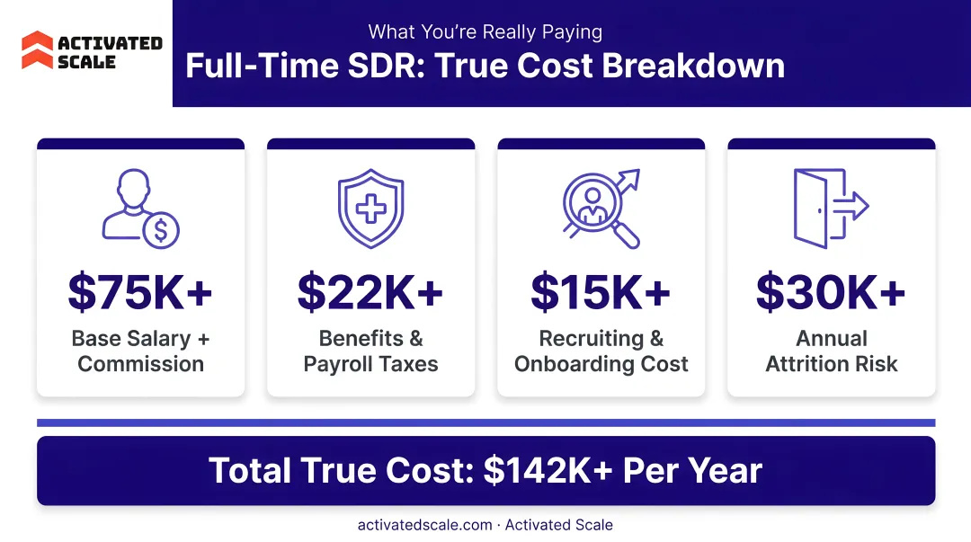 Full-time SDR total cost breakdown including salary benefits recruiting and attrition