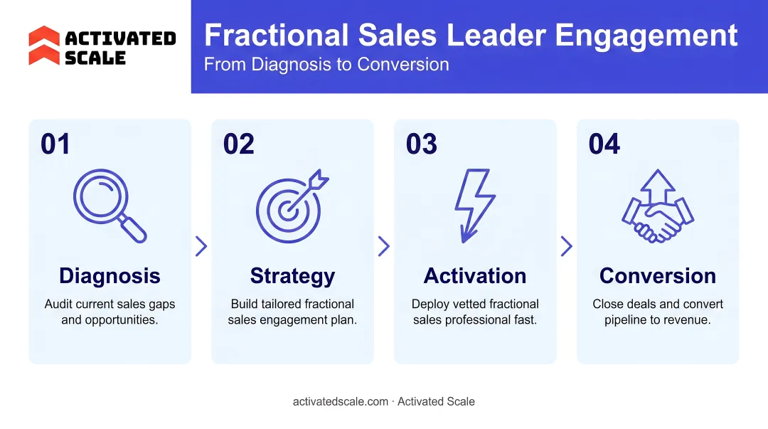 4-stage fractional sales leader engagement timeline from diagnosis to conversion