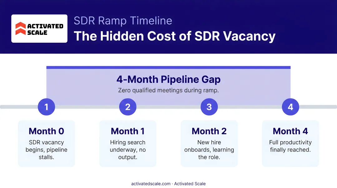 SDR ramp timeline showing 4-month pipeline gap from vacancy to full productivity