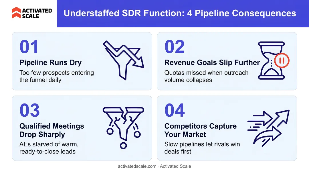 Four consequences of understaffed SDR function pipeline impact breakdown infographic