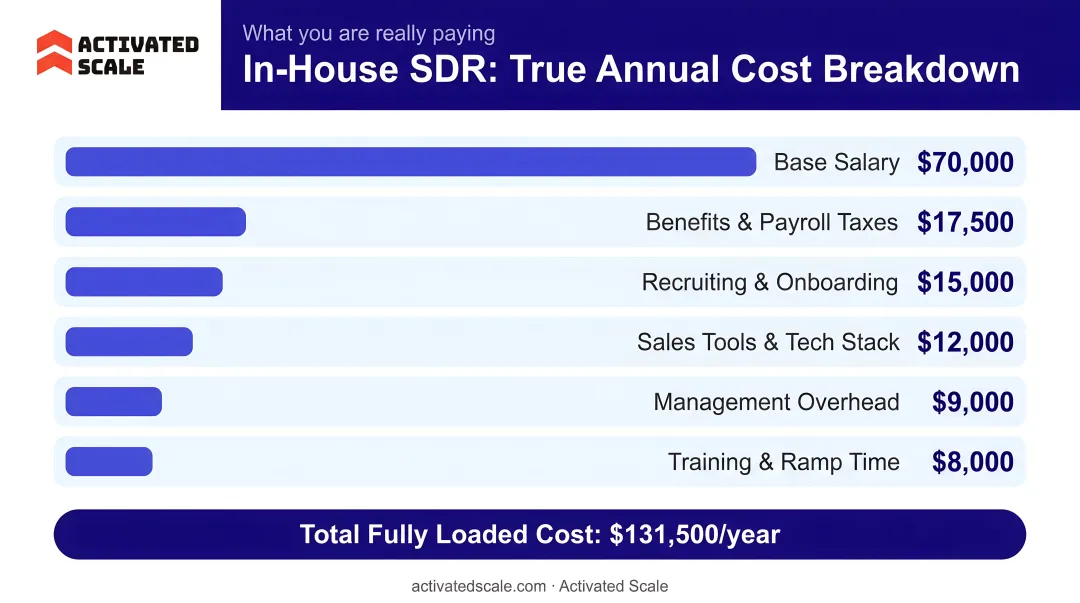 In-house SDR fully loaded annual cost breakdown by component comparison chart