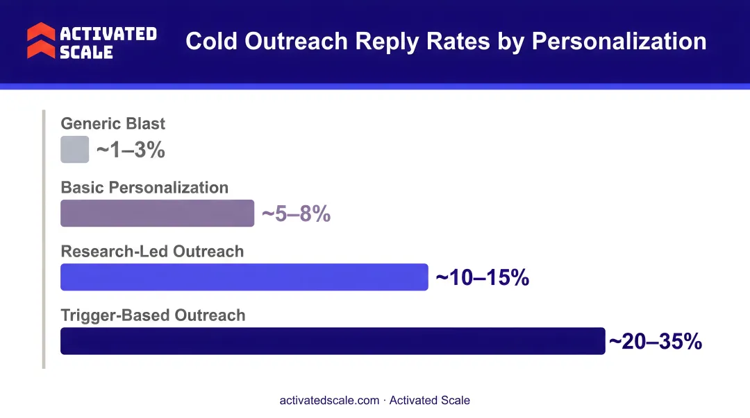 Cold outreach reply rate comparison by personalization level from generic to trigger-based
