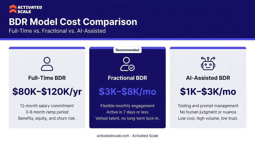 Three BDR model cost comparison full-time fractional and AI-assisted options
