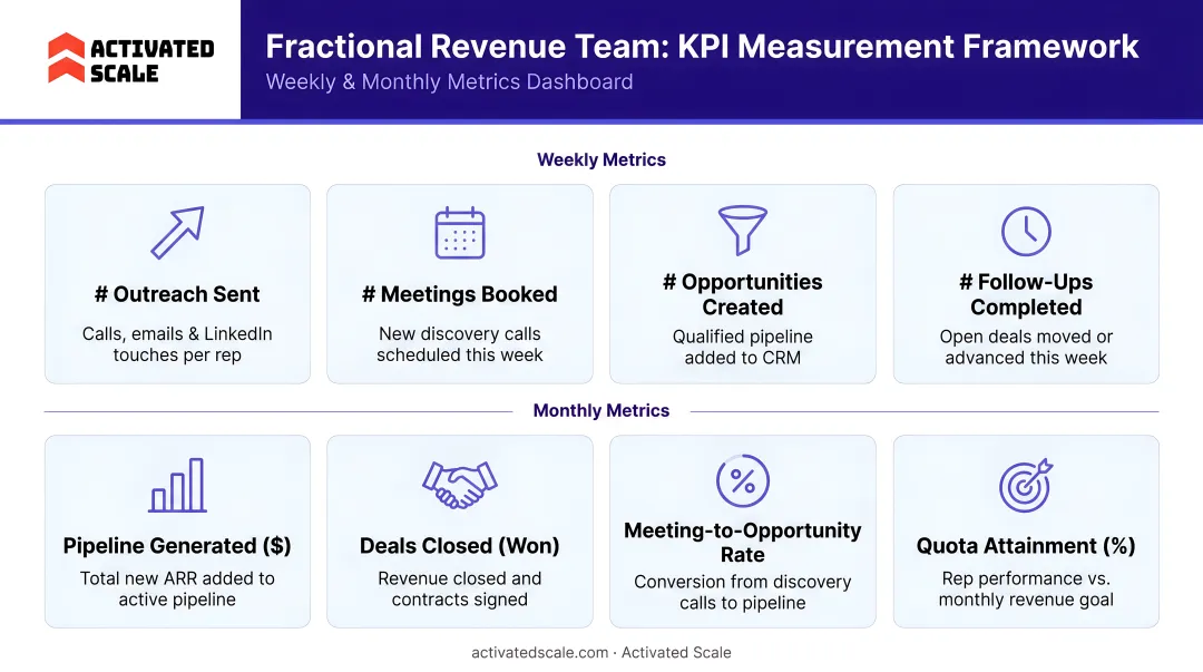 Fractional revenue team KPI measurement framework weekly and monthly metrics dashboard