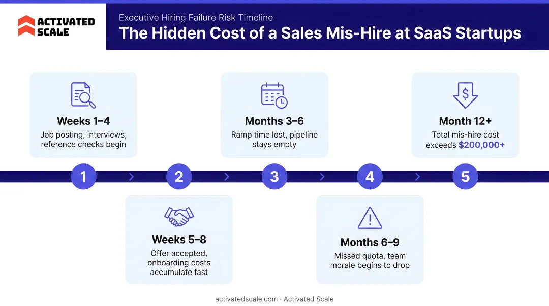 Executive hiring failure risk timeline showing cost of mis-hire at SaaS startups