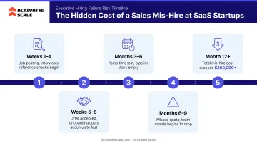 Executive hiring failure risk timeline showing cost of mis-hire at SaaS startups