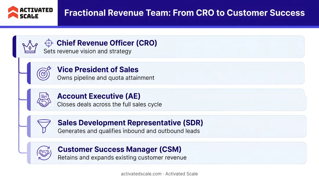 Five fractional revenue team roles hierarchy from CRO to customer success