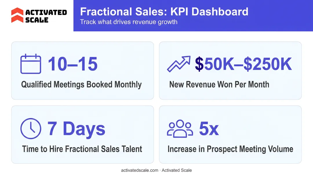 Startup founding team reviewing fractional executive KPI dashboard in modern office