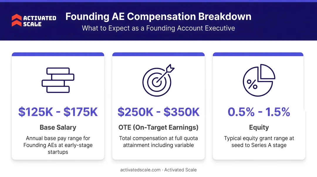 Founding AE compensation breakdown showing base salary OTE and equity ranges