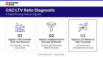 CAC to LTV ratio diagnostic framework showing three SaaS pricing failure signals