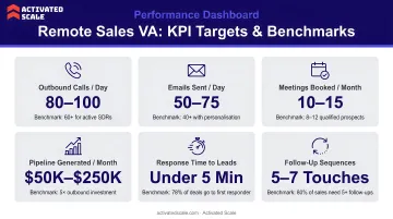 Remote sales virtual assistant KPI dashboard with targets and benchmark metrics