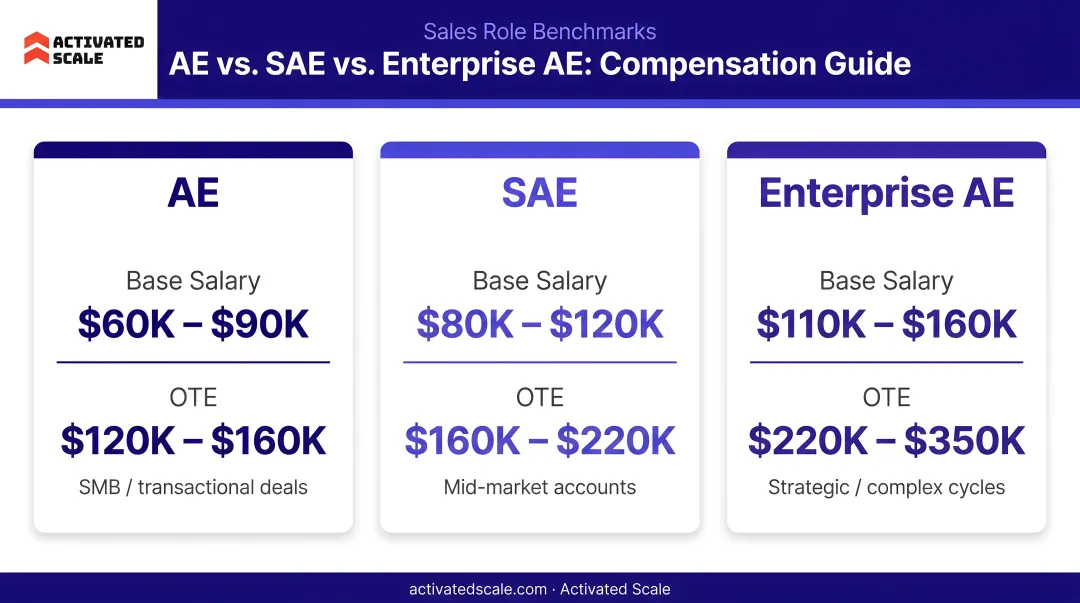 AE versus SAE versus Enterprise AE compensation base salary and OTE comparison chart