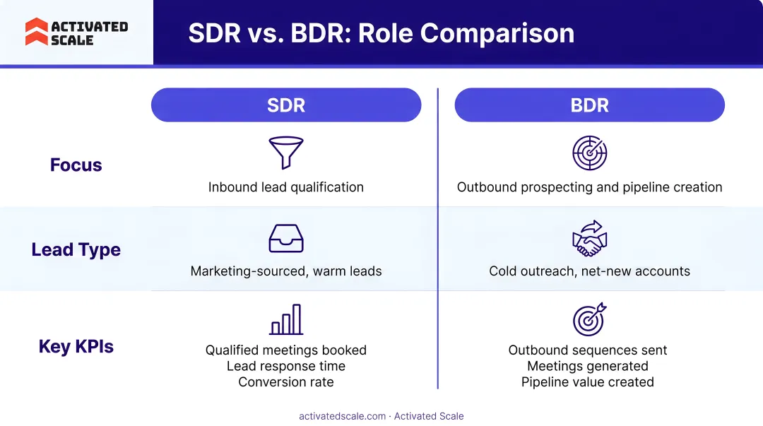 SDR versus BDR role comparison chart covering focus lead type and KPIs