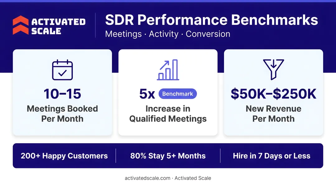 SDR performance benchmarks dashboard showing meetings booked activity volume and conversion rates