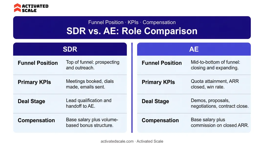SDR versus AE role comparison chart covering funnel position KPIs and compensation