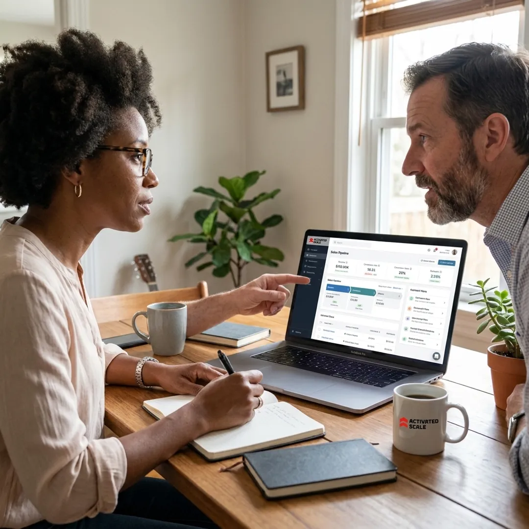Founder and sales consultant reviewing startup pipeline