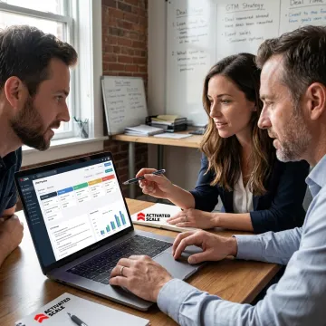 Startup team reviewing sales pipeline with contract sales manager
