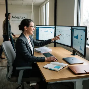 Financial data engineer reviewing connected data systems