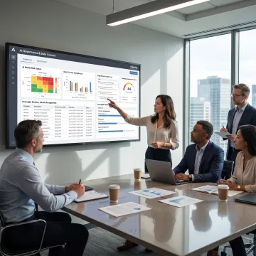 Financial services team reviewing AI governance analytics