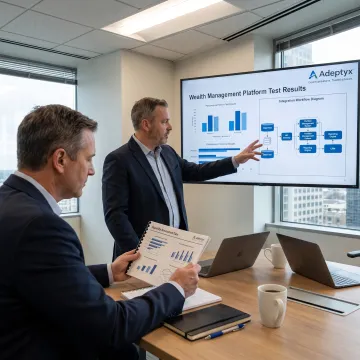 Consultants reviewing wealth management platform testing results