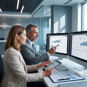 Wealth management consultants reviewing portfolio technology