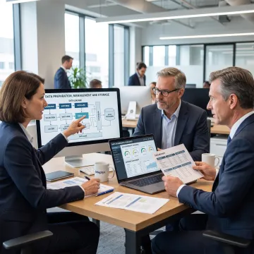 Financial data governance consultants reviewing analytics