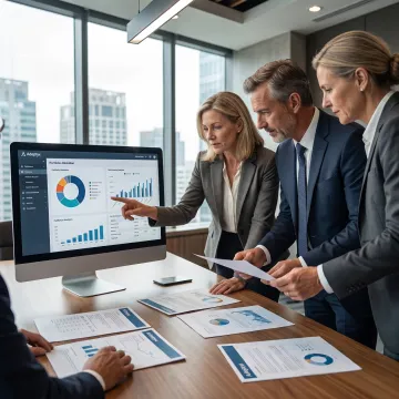 Consultants reviewing portfolio analytics