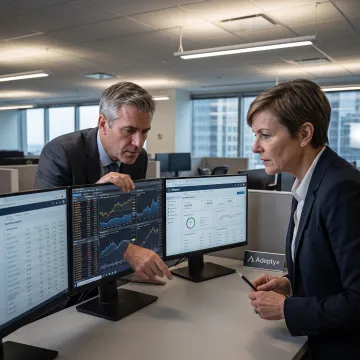 Investment management professionals reviewing portfolio data