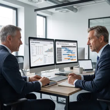 Consultants reviewing an investment strategy dashboard